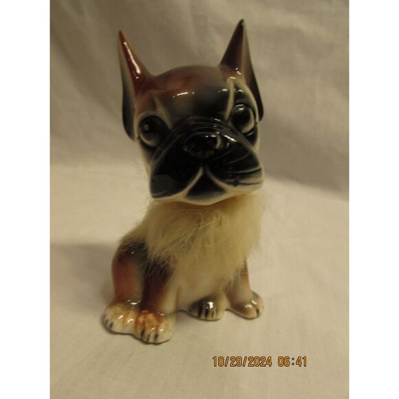 Vintage Bulldog figurine statue furry neck Japan brown black dog puppy - Picture 2 of 7